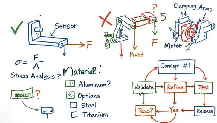 Concept generation sketches and workflow diagram